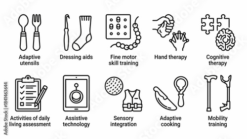 Assistive Technology and Adaptive Equipment Icons for Occupational Therapy and Daily Living Skills