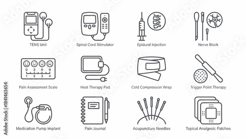 Pain Management and Treatment Methods Icon Set: TENS, Acupuncture, Injection, and More in Flat Design Style