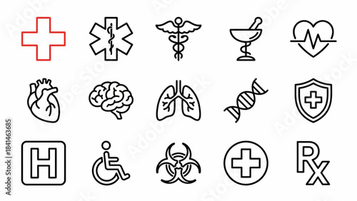 Medical Icon Set: Healthcare Symbols for Hospital, Emergency, Anatomy and Prescription in Clean Line Style