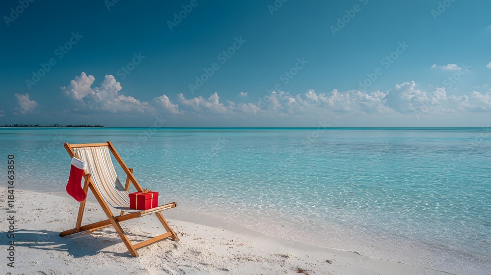 Obraz premium Tropical Christmas concept features a wooden deck chair with a red stocking and gift box on a white sand beach facing the blue sea.