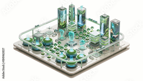 Isometric eco-friendly smart city model showcasing sustainable technology and futuristic urban planning with renewable energy sources and green infrastructure