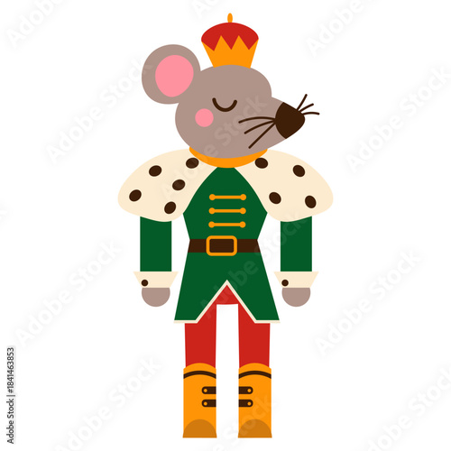 Flat style illustration of a mouse king character in royal costume, ideal for Christmas stories, fairy tale projects, and festive holiday design themes