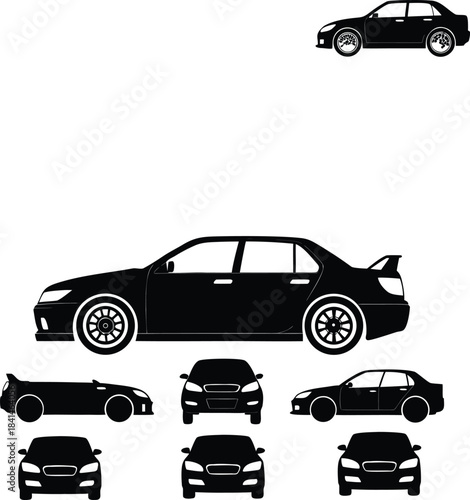 Black car silhouettes side front and angled views vehicle