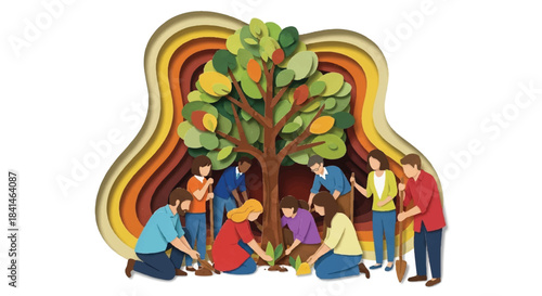 Paper Cut Illustration of a Large Tree with Green Foliage and People Gathering Below, Representing Community and Nature