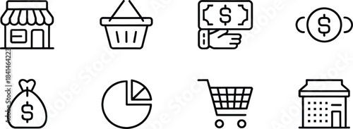 Shopping and Finance Line Icons Set – Store, Basket, Money, Savings, Pie Chart, Shopping Cart, Retail and E-Commerce Outline Icons