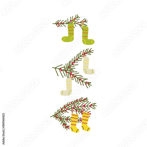 Sustainable Christmas vector illustration set with fir branch,  socks and light snow accents. Minimal hand drawn decor Christmas tree