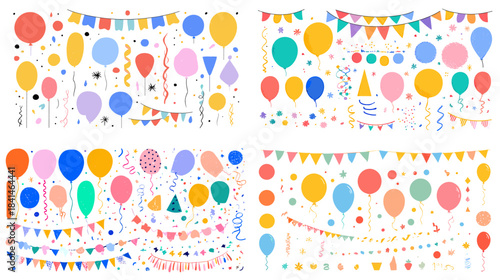 A cheerful illustration set of party bunting borders with balloons confetti and festive decorations perfect for celebrations and events.