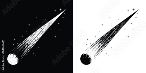 A stylized black and white illustration of a comet streaking across a dark sky, leaving a trail of cosmic dust and debris