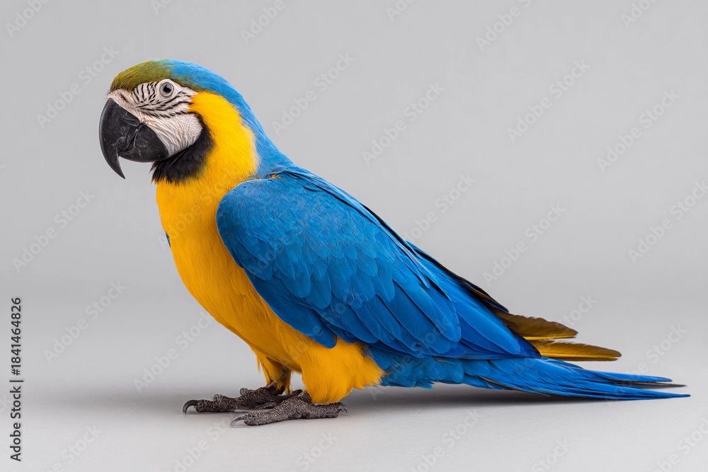 Fototapeta premium Blue and yellow parrot standing on a flat surface