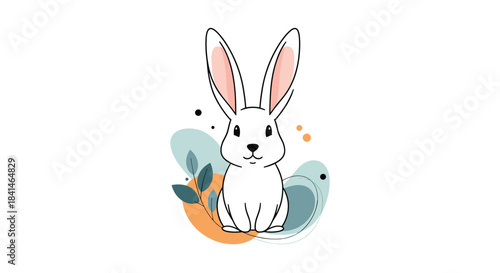 Whimsical white bunny sits among pastel shapes and leaves in a playful illustration suitable for children's books and decor.