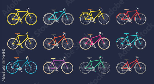 Colorful bicycles arranged in four across on a dark blue background showcase a spectrum of frame colors and styles in a studio still life.