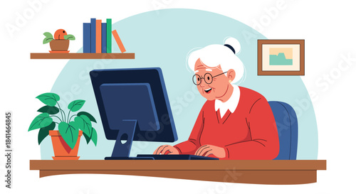 Elderly woman sits at a wooden desk using a desktop computer in a cozy home office with a potted plant and bookshelf nearby while wearing a red sweater.