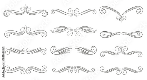 Elegant vintage ornamental scrollwork borders arranged as decorative dividers showcasing symmetrical curves and intricate line work for classic design accents.