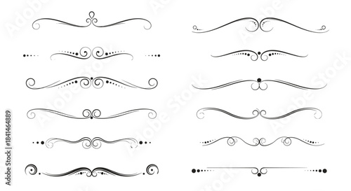 Decorative ornamental dividers and flourishes arranged as a full set of elegant swirls scrolls and curls for use in typography layouts and design projects.