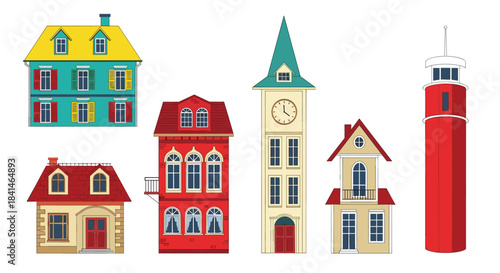 Vibrant row of colorful houses and a tall lighthouse showcasing different architectural styles in a seaside town illustration.