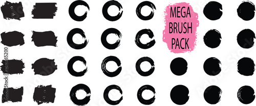 Mega bundle of different ink brush strokes. Rectangle, square and round freehand drawings. Round and rectangle brush collection.