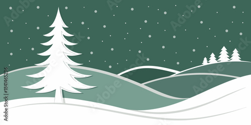 A minimalist winter landscape illustration featuring a large, white fir tree in the foreground on the left. The scene depicts rolling hills in varying shades of sage and forest green, accented.