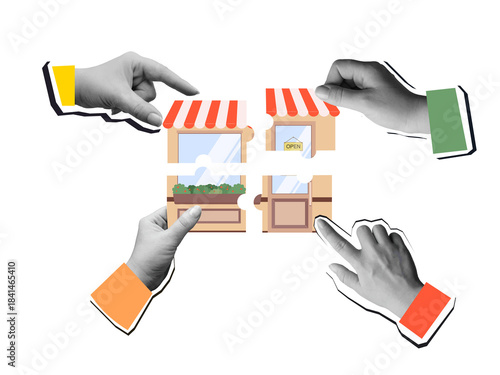 Black and white hands assembling puzzle pieces in the shape of a small store. Modern photo collage style. Illustration on a transparent background