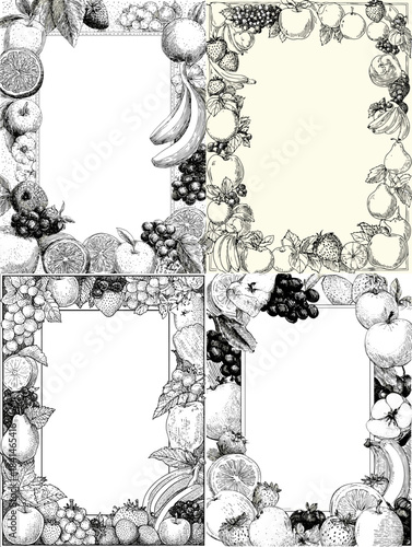 A detailed botanical frame illustration composed of hand drawn fruits and leaves in a vintage black and white engraving style.