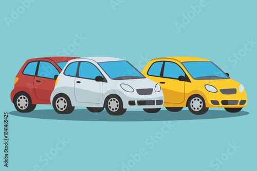 Three compact cars in red white and yellow automobile