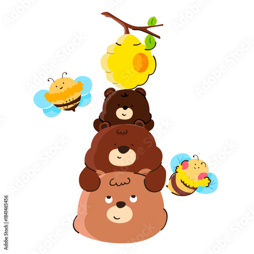 Three adorable baby bears, a beehive, and cute baby bees.