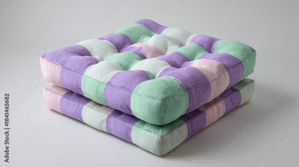 Naklejka premium Two colorful floor cushions are stacked atop one another, offering comfort and style. The cushions feature a patchwork design