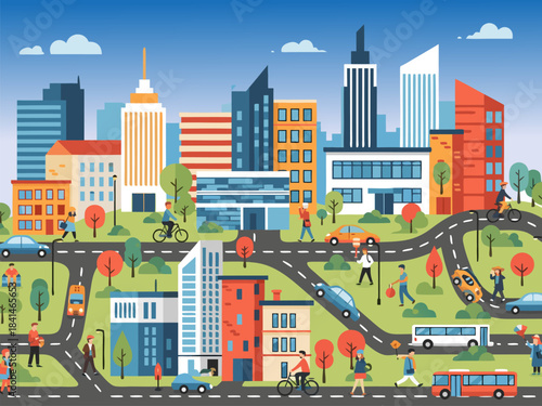 A lively, colorful cartoon illustration of a bustling modern city with people, cars, buses, and cyclists on winding roads amidst green hills and diverse buildings.