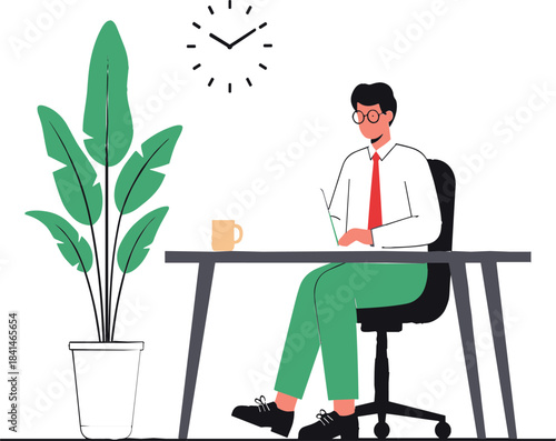 Professional businessman diligently working at his modern office desk, writing notes with a clock and potted plant nearby vector illustration