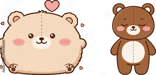 Cute chubby bear and standing teddy bear with hearts in adorable kawaii style cartoon vector illustration for kids