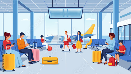 People waiting in a modern airport terminal lounge with luggage, looking at phones, and an airplane visible outside the large windows.