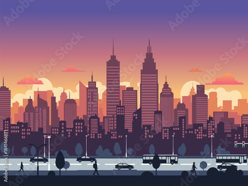 Flat design city skyline at sunset with buildings, road, cars, and pedestrians.