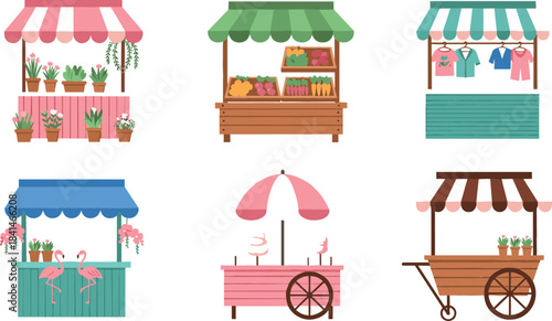 Charming Set of Flat Design Vector Illustrations Featuring Cute Pink and Green Outdoor Market Kiosks and Food Carts Selling Goods and Flowers
