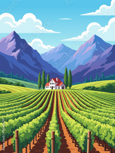 Vibrant vector illustration of a vineyard with a house and cypress trees nestled among majestic mountains under a clear sky.