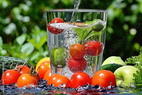 A refreshing glass of sparkling water with vibrant tomatoes and greens, set against a lush, natural backdrop, evoking a sense of health and vitality.