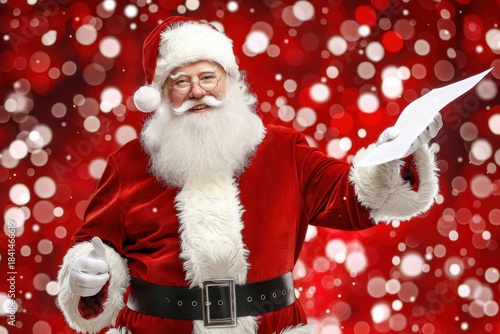 A cheerful Santa Claus in a red suit holds a list, set against a festive, bokeh background of red and white lights.