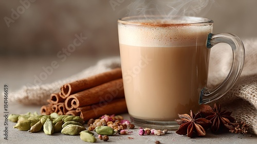 Fototapeta Naklejka Na Ścianę i Meble -  Warm beverage photography features a glass of spiced masala chai latte with cinnamon sticks and scattered spices on a beige surface.