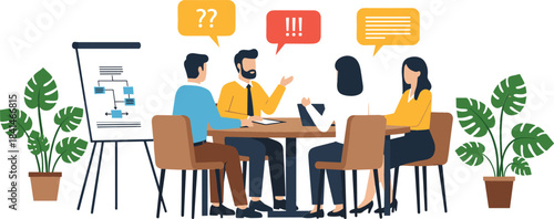 Professional team meeting illustration depicting business people collaborating, discussing ideas, and solving problems in a modern office environment.
