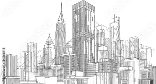 Detailed line-art vector illustration of a modern city skyline with tall skyscrapers, symbolizing urban architecture, business district, finance, and real estate development concepts