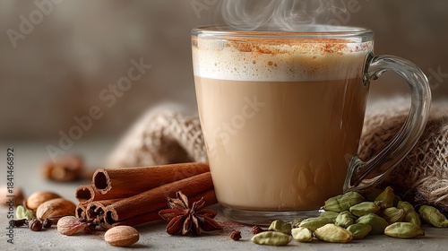 Fototapeta Naklejka Na Ścianę i Meble -  Warm beverage photography features a glass of spiced masala chai latte with cinnamon sticks and scattered spices on a beige surface.