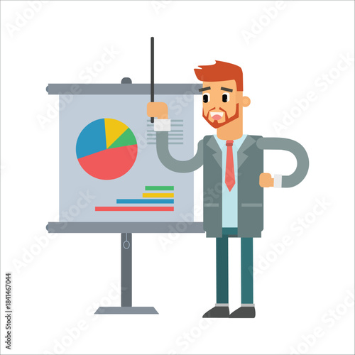 Businessman using a pointer stick to explain a pie chart diagram