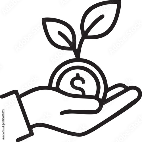 Hand holding growing plant from coin