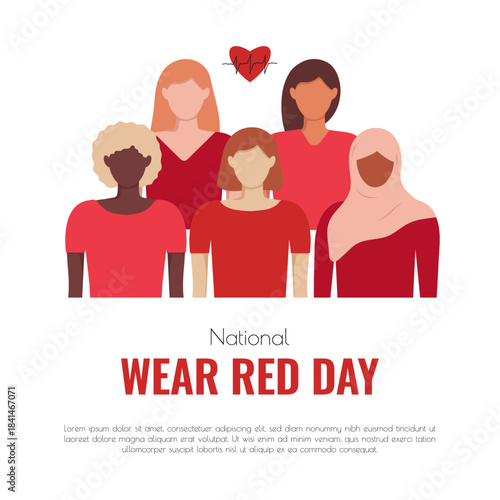 National Wear Red Day poster template. February background with faceless diversity women and copy space. Vector banner, flyer social medial post, info. National Awareness campaign about heart disease