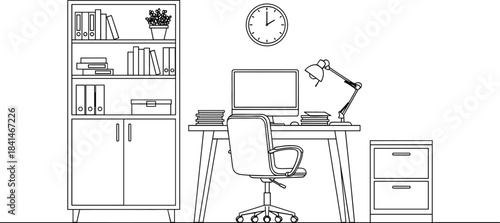 Minimalist Line Art Vector Illustration of a Detailed Home Office Interior with Desk, Computer, Bookshelf, Chair, and Filing Cabinet for Remote Work