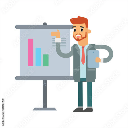 Businessman pointing his thumb backwards at the presentation chart behind him