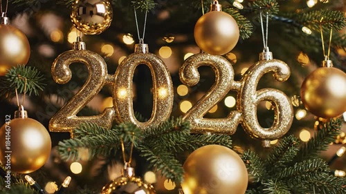Golden 2026 year displayed on decorated evergreen branch for holiday