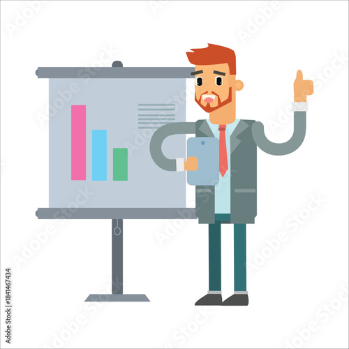 Businessman holding a digital tablet and pointing finger up next to a bar chart