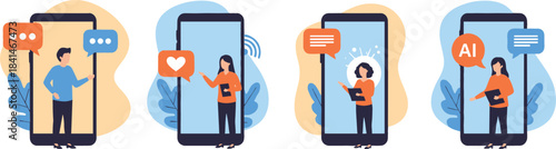 Vector Illustration Set of Mobile Phones Showing Online Communication, Social Media Interactions, Networking, and Artificial Intelligence Technology