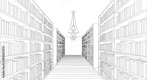 Detailed Black and White Line Art Vector Illustration of a Library Aisle with Symmetrical Bookshelves for Education, Reading, and Literature Design