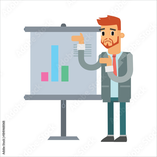 Confused businessman gesturing doubtfully next to a bar chart. Concept of uncertainty