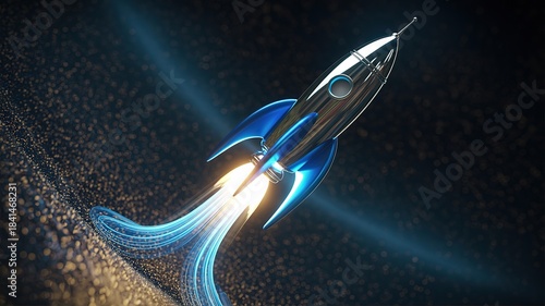 Polished chrome rocket with blue fins soars through space with streams of blue light